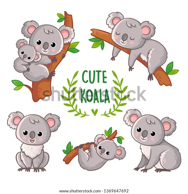 さまざまなポーズのコアラとベクターイラスト オーストラリアのかわいい動物を描いた漫画風のベクターイラストのコレクション のベクター画像素材 ロイヤリティフリー Shutterstock