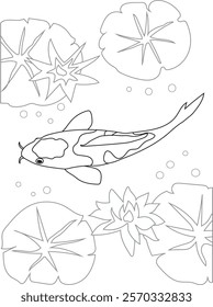 Vector illustration of Koi fish in the aquarium. with aquatic plants as the background. Creativity coloring book for children.