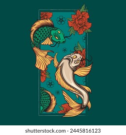 Ilustración vectorial de Peces y Flores Koi con Antiguas Ilustración Disponible para Póster