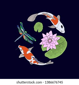 Vector illustration of koi fish. Hand drawn background. Japans symbol as happiness, love, wealth and luck.
