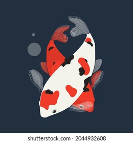 Ilustración vectorial de los peces koi dibujados a mano en un estilo ingenuo. Imagen para imprimir en tela o papel.