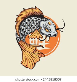 Ilustración vectorial de Koi Fish con palabra Kanji (Nishikigoi) significa Koi Fish con Antiguas Ilustración Disponible para Logo Insignia