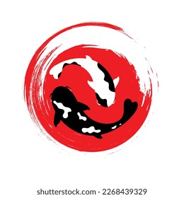 Vector illustration of koi fish on a painted red circle. Oriental symbolic fish.