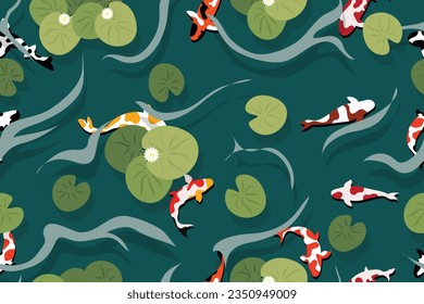 Vector illustration of koi fish in a pond with lotus flowers, seamless and without geometric joins.