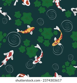 Vector illustration of koi fish in a pond with lotus flowers, seamless and without geometric joins.
