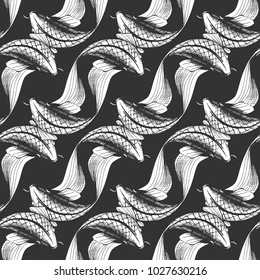Vector illustration of a koi fish seamless pattern. Black and white handdrawn style.