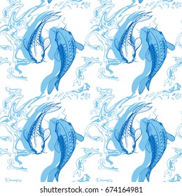 Vector illustration of koi fish seamless pattern. Japaneese style print, optical illusion. White background, light blue elements.