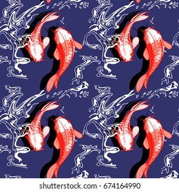 Vector illustration of koi fish seamless pattern. Japaneese style print, optical illusion. Dark blue background, bright red elements.