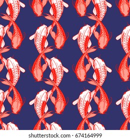 Vector illustration of koi fish seamless pattern. Japaneese style print, optical illusion. Dark blue background, bright red elements.