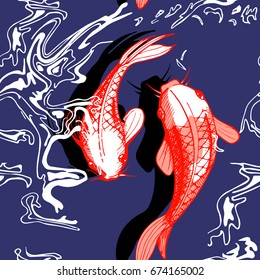 Vector illustration of koi fish seamless pattern. Japaneese style print, optical illusion. Dark blue background, bright red elements.