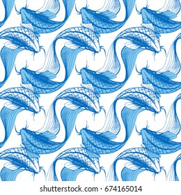 Vector illustration of koi fish seamless pattern. Japaneese style print, optical illusion. White background, light blue elements.