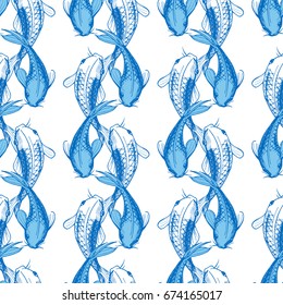 Vector illustration of koi fish seamless pattern. Japaneese style print, optical illusion. White background, light blue elements.