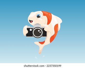 ilustración vectorial de un pez Koi tomando una fotografía usando una cámara vintage