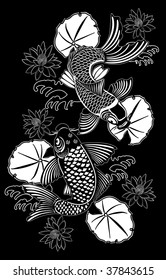 Vector illustration of Koi fishes in traditional Japanese ink style