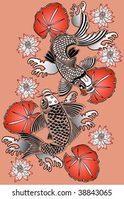 Vector illustration of Koi fishes in traditional Japanese ink style