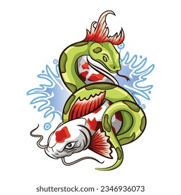 vector illustration Koi and Snake in full color, logo design cartoon mascot
