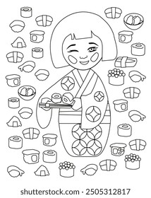 Vector Illustration of a kokeshi sushi girl coloring page. A kokeshi chef girl holding sushi in her hand, on a white background