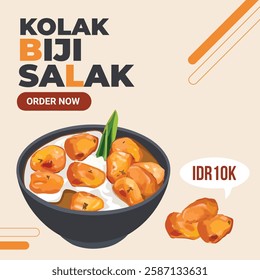 Vector illustration of kolak biji salak Indonesian dessert made of sweet potato balls with palm sugar and coconut milk usually served as takjil to break the fast. 