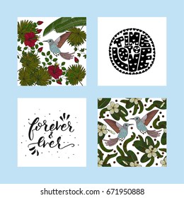Vector illustration with kolibri. Set of summer tropical postcards with detailed tropical illustrations and handdrawn lettering quotes. 