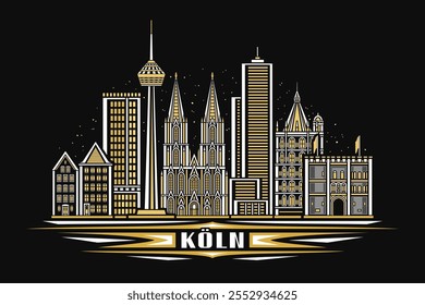 Ilustración vectorial de Koln, tarjeta Horizontal oscura con diseño lineal célebre paisaje histórico de la ciudad de Koln en el fondo del cielo nocturno, concepto de arte urbano europeo con letras únicas para texto koln