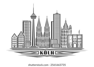 Vector illustration of Koln, monochrome horizontal card with linear design historical koln city scape, european urban line art concept with decorative lettering for black text koln on white background