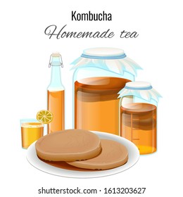 Vector illustration of a Kombucha drink in different bottles and a plate of Kombucha. Vector