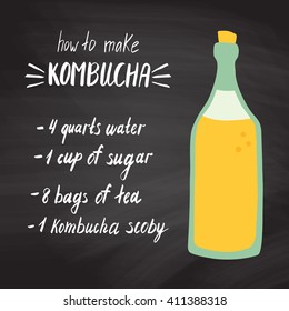 vector illustration with kombucha recipe on a chalkboard background
