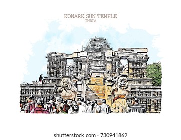 Vector illustration of Konark Sun Temple in India.