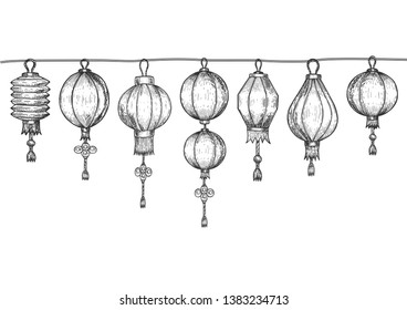 Vector illustration of kongming sky lanterns set. Hanging chinese light effect decoration, traditional festival design of different shapes. Vintage hand drawn style.