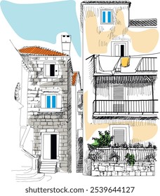vector illustration. Korcula, Croatia. Can be used for postcard, website, book.
