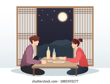 Vector illustration of Korean couple eating jeon and makgeolli in the night