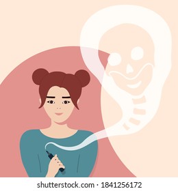 Vector illustration with A Korean girl vaping or smokes an e-cigarette, smoke from which in the shape of a skull symbolizes harm to health.