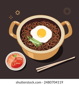 Vector Illustration of Korean Noodles with Black Bean Noodles