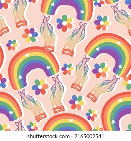 Vector Illustration. Korean Symbol Hand Heart. LGBT Rainbow. Gay Pride. LGBT Concept. Pattern. Light Background, Wallpaper