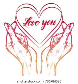 Vector illustration. Korean symbol hand heart, hand gesture. Prints on T-shirts, tattoos, background white. Handmade. pink yellow color