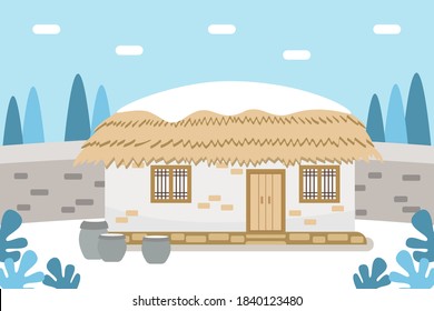 Vector Illustration Of Korean  Traditional Farm House. Jeju Farm House, Thatched House