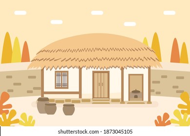 Vector Illustration Of Korean  Traditional Farm House. Thatched House