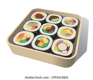 Vector illustration of Korean traditional food called kimbap. Various taste gimbap set for a picnic. Template for Korean traditional restaurant menu. EPS10