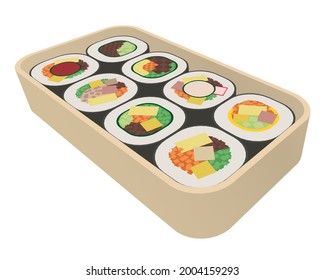 Vector illustration of Korean traditional food called kimbap. Various taste gimbap set for a picnic. Template for Korean traditional restaurant menu. EPS10