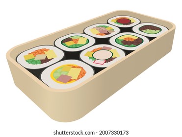 Vector illustration of Korean traditional food called kimbap. Various taste gimbap set for a picnic. Banner, poster, or label template for Korean traditional restaurant menu. EPS10