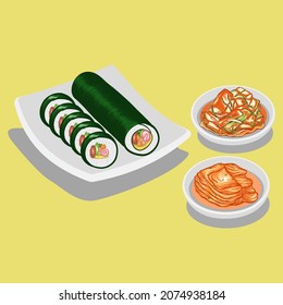 Vector illustration of Korean traditional food Gimbap, pickle Kimchi and cabbage kimchi on the plate.