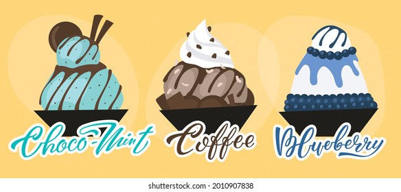 Vector illustration of Korean traditional ice cream-like dessert called bingsu. Choco-Mint, Coffee, and Blueberry flavors handwritten lettering. Menu, poster, banner, flyer template for the cafe. EPS1