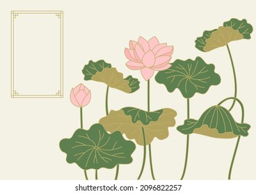 Vector illustration of Korean traditional painting with lotus flowers.