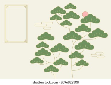 Vector illustration of Korean traditional painting with pine trees.