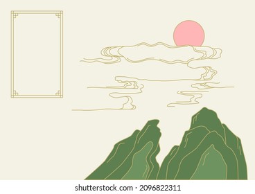 Vector Illustration Of Korean Traditional Painting With Mountain And Cloud.