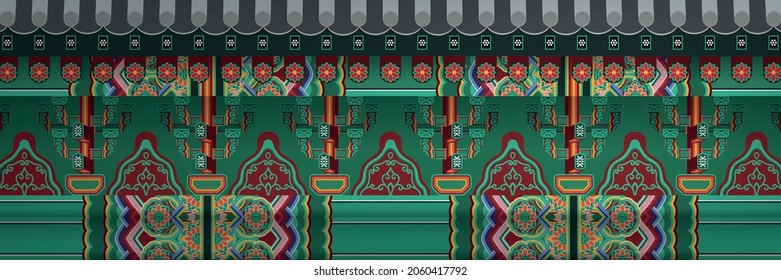 Vector illustration of Korean traditional pattern Dancheong, decorative coloring on wooden buildings, royal palaces, and hanoks. Card, poster, background, or banner template in traditional style. EPS1