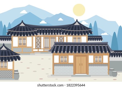 Vector illustration of Korean traditional village, hanok village