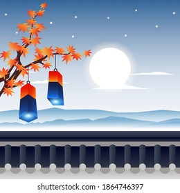 Vector illustration of Korean traditional wall on the night with a maple tree and Cheongsachorong (Korean lanterns)