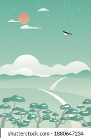 Vector illustration of the Korean winter landscape with a magpie.