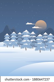 Ilustración vectorial del paisaje invernal coreano con pinos nevados.